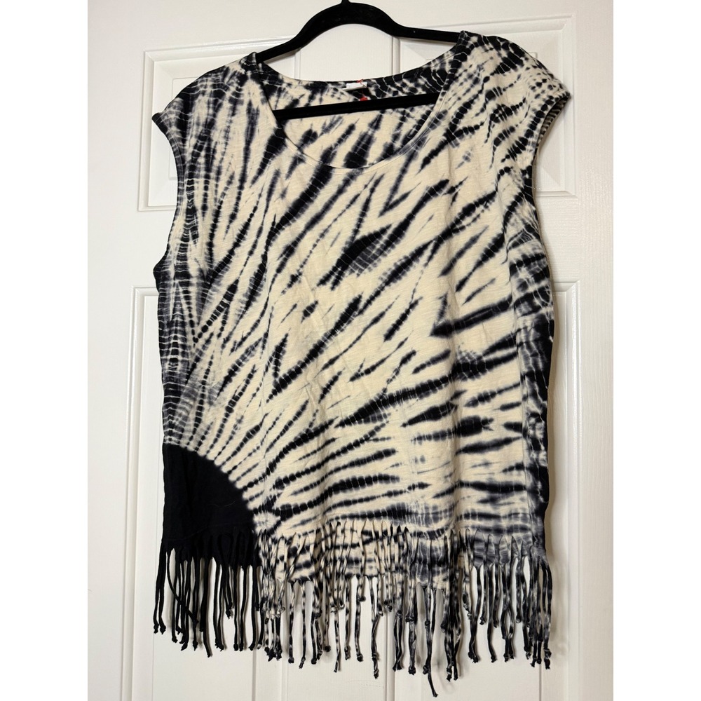 Live Beach XL Tie Dye Fringe Top Black Cream Boho Festival Tunic